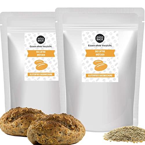 MITOBACK - Luftige Brötchen Backmischung im 2er Set á 77 g - Fitness Eiweiß Brötchen mit Flohsamenschalen & Goldleinsamen: Proteinreich, Glutenfrei & Sojafrei ideal bei Zöliakie & für Diabetiker von MITOBACK
