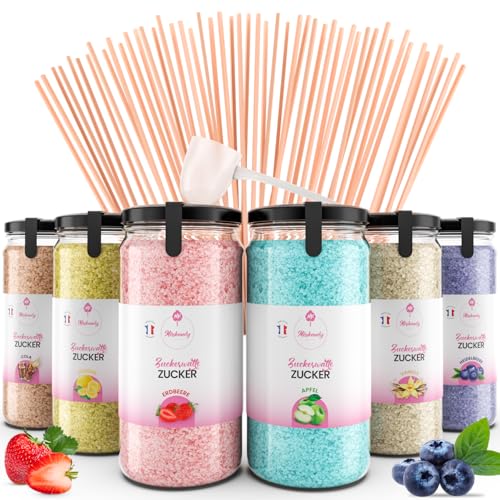 Misskandy®, Zuckerwatte Zucker (Farbstoffe ohne Azofarbstoffe) / Charge (6 * 240Gr) Erdbeere, Cola, Zitrone, Heidelbeere, Apfel, Vanille/zuckerwattemaschine zucker/Aromazucker + 50 Stäbchen (Free) von MK Misskandy since 2019