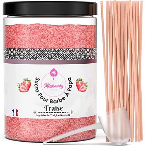 Misskandy®-Zuckerwatte Zucker, Aromazucker 1,4 KG Erdbeere (Natürliche Aromen und Farbstoffe) für Zuckerwattemaschine +50 Stäbchen von MK Misskandy since 2019