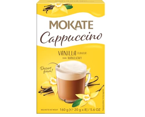 MOKATE - Cappuccino Vanille - Cremiger Instant-Kaffee mit Milchschaum & Sanfter Vanillenote, Aromatisch & Vollmundig - Schnelle Zubereitung Einfach mit Heißem Wasser Aufgießen - 160g von MOKATE