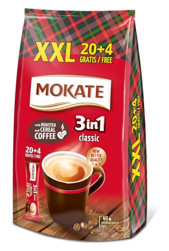 MOKATE® 3 in 1 XXL Instantkaffee Classic | 24 Sticks x 17g | Instant Kaffee Getränkepulver aus löslichem Bohnenkaffee Smooth & Creamy Pulver Getränke Cremiger Geschmack IntensivesAroma von MOKATE