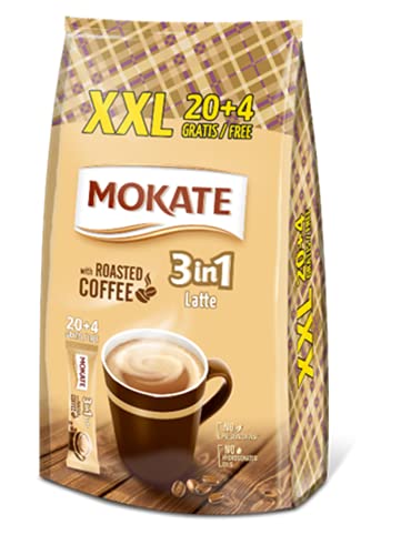 MOKATE XXL Latte 3-in-1 Sticks, löslicher Bohnenkaffee, mit Creamer & Zucker & Kokosöl, Instant-Kaffee aus gerösteter Kaffeebohnen, koffeinhaltig 360g (24 x 15g) von MOKATE