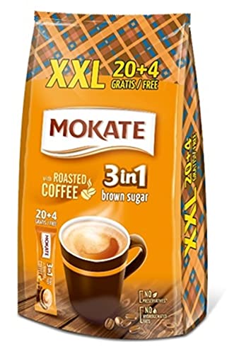 MOKATE XXL mit Brauner Zucker 3-in-1 Sticks, löslicher Bohnenkaffee, mit Creamer & Zucker & Kokosöl, Instant-Kaffee aus gerösteter Kaffeebohnen, koffeinhaltig 408g (24 x 17g) von MOKATE