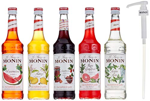 Monin Cocktail-Set 5+5, Sauerkirsche, Mojito Mint, Wassermelone, Mango, Pink Grapefruit - Sirup für Cocktails mit Pumpe, 1er Pack (1 x 3.5 l) von MONIN