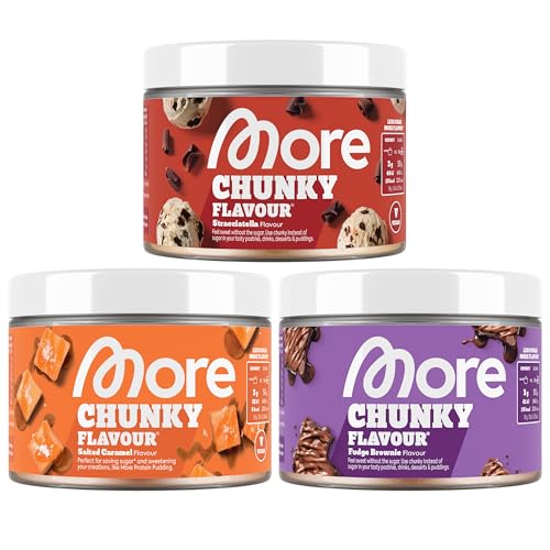 MORE Chunky Flavour, 3er Bundle, 3 x 150 g, Fudge Brownie, Salted Caramel, Stracciatella, Geschmackspulver zum Süßen, ohne viel Zucker und Kalorien, mit Inulin und Laktase MORE Chunky Flavour, 3er Bundle, 3 x 150 g, Fudge Brownie, Salted Caramel, Stracciatella, Geschmackspulver zum Süßen, ohne viel Zucker und Kalorien, mit Inulin und Laktase von MORE NUTRITION