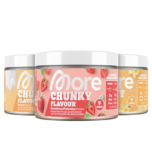 MORE Chunky Flavour, 3er Bundle, 3 x 150 g, Geschmacksneutral, Vanilla Perfection, Strawberry Perfection, Geschmackspulver zum Süßen, ohne viel Zucker und Kalorien, mit Inulin und Laktase von MORE NUTRITION