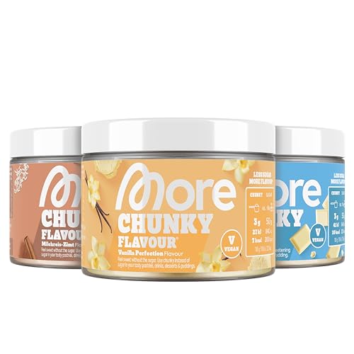 MORE Chunky Flavour, 3er Bundle, 3 x 150 g, Vanilla Perfection, Milchreis Zimt, Weiße Schokolade, Geschmackspulver zum Süßen, ohne viel Zucker und Kalorien, mit Inulin und Laktase MORE Chunky Flavour, 3er Bundle, 3 x 150 g, Vanilla Perfection, Milchreis Zimt, Weiße Schokolade, Geschmackspulver zum Süßen, ohne viel Zucker und Kalorien, mit Inulin und Laktase von MORE NUTRITION