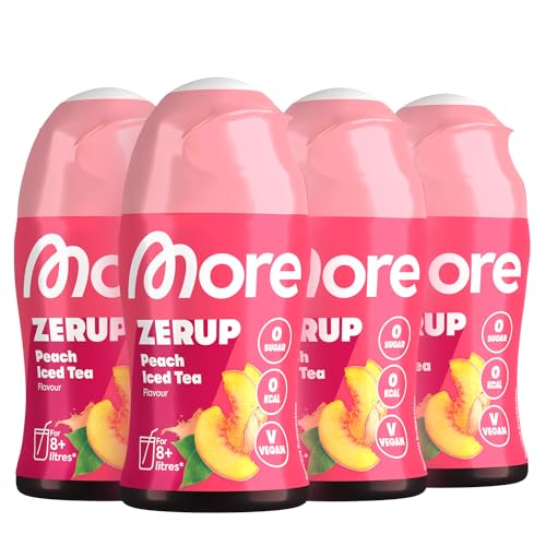 MORE Zerup, Peach Iced Tea, 4 x 65 ml, für bis zu 32 l Fertiggetränk, zuckerfreier Sirup mit echten Fruchtextrakten, vegan, zero Kalorien - made in Germany von MORE NUTRITION