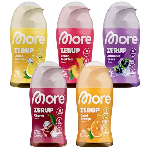 MORE Zerup, mixed 5er Bundle, 5 x 65 ml, verschiedene Sorten, für bis zu 40 l Fertiggetränk, zuckerfreier Sirup mit echten Fruchtextrakten, vegan, zero Kalorien - made in Germany von MORE NUTRITION