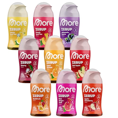 MORE Zerup, mixed 9er Bundle, 9 x 65 ml, verschiedene Sorten, für bis zu 72 l Fertiggetränk, zuckerfreier Sirup mit echten Fruchtextrakten, vegan, zero Kalorien - made in Germany von MORE NUTRITION