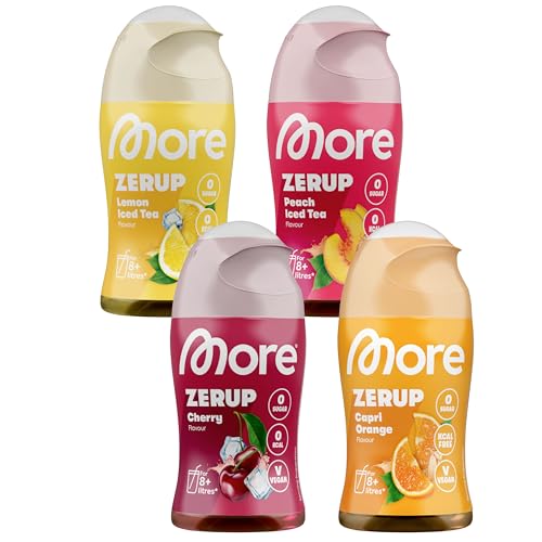 MORE Zerup, mixed 4er Bundle, 4 x 65 ml, verschiedene Sorten, für bis zu 32 l Fertiggetränk, zuckerfreier Sirup mit echten Fruchtextrakten, vegan, zero Kalorien - made in Germany von MORE NUTRITION