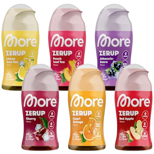 MORE Zerup, mixed 6er Bundle, 6 x 65 ml, verschiedene Sorten, für bis zu 48 l Fertiggetränk, zuckerfreier Sirup mit echten Fruchtextrakten, vegan, zero Kalorien - made in Germany von MORE NUTRITION