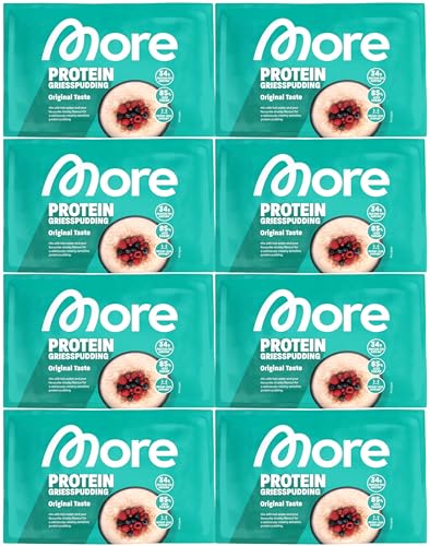 More Protein Grießpudding 2.0, 8er Pack, 8 x 60 g, 34 g Eiweiß pro Portion, schnelle Zubereitung ohne Kochen, cremig leckerer Grießpudding mit weniger Zucker und Fett, perfekt zum Verfeinern von MORE NUTRITION