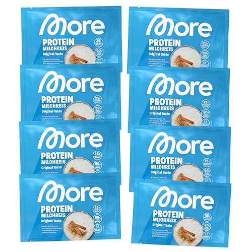 More Protein Milchreis, 8er Pack, 8 x 65 g, 25 g Eiweiß pro Portion, schnelle Zubereitung ohne Kochen, cremig leckerer Milchreis mit weniger Zucker und Fett, perfekt zum Verfeinern von MORE NUTRITION