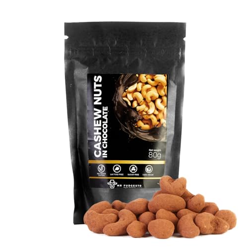 Cashew Nüsse in Dessert-Schokolade überzogen - Mr Fudgesto Sweets - Premium Genuss - Ohne Zusatz von Zucker - Gesunder Snack - Kakaoüberzogene Nüsse und Früchte - 100g von MR FUDGESTO Artisan Delicacies