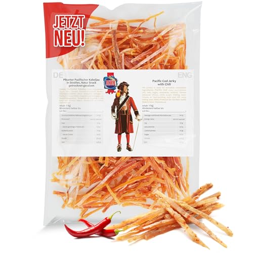 Pazifischer Kabeljau Pikant 1kg - Fisch Jerky I High Protein I Snacks I Trockenfisch Omega 3 I Beef Jerky , Trockenfleisch & Chips Alternative Keto von MSDM