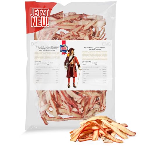 Tintenfisch Jerky Krabben Geschmack 1kg - Fisch Jerky I High Protein I Snacks I Trockenfisch Omega 3 I Beef Jerky, Trockenfleisch & Chips Alternative Keto Salat Topping von MSDM