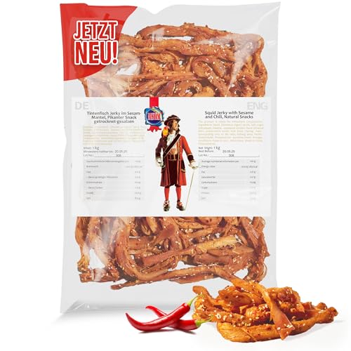 Tintenfisch Jerky Sesam 1kg - Fisch Jerky I High Protein I Snacks I Trockenfisch Omega 3 I Beef Jerky, Trockenfleisch & Chips Alternative Keto Salat Topping von MSDM