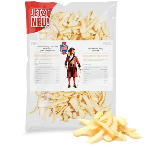 Tintenfisch Jerky Smoked (1kg XXL Pack) Fisch Jerky I High Protein I Snacks I Trockenfisch Omega 3 I Beef Jerky, Trockenfleisch & Chips Alternative von MSDM