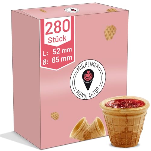 MyNaschbar Portionsbecher VEGAN rund, 280 Stück, 45 ml, 52 mm lang, Ø 65 mm – Knusprige Waffelbecher zum Befüllen – Ideal für Dips, Marmelade, Dekorationen & Fingerfood – Waffeln in Eisdielen-Qualität von Mülheimer Manufaktur