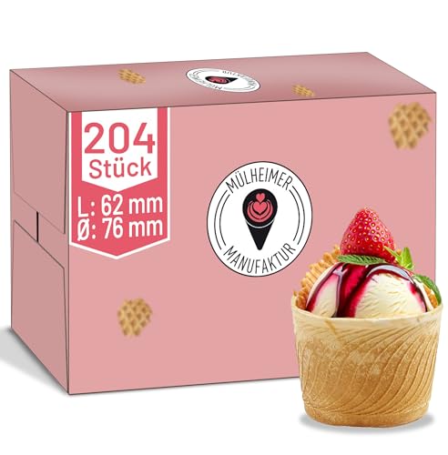 MyNaschbar Waffelbecher VEGAN rund, 204 Stück, 150 ml, 62 mm lang, Ø76 mm – Knusprige Softeisbecher zum Befüllen – für Eis, Softeis oder als Backform für Muffin & Cupcakes von Mülheimer Manufaktur