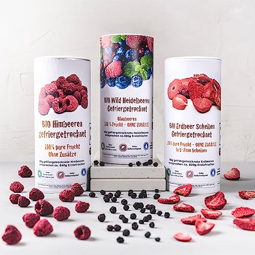 BIO gefriergetrocknete Premium Beeren I 3x Frischedose I Erdbeeren I Himbeeren I 380g Inhalt von MÜSLI MÜHLE Kernig Kornig Knusprig