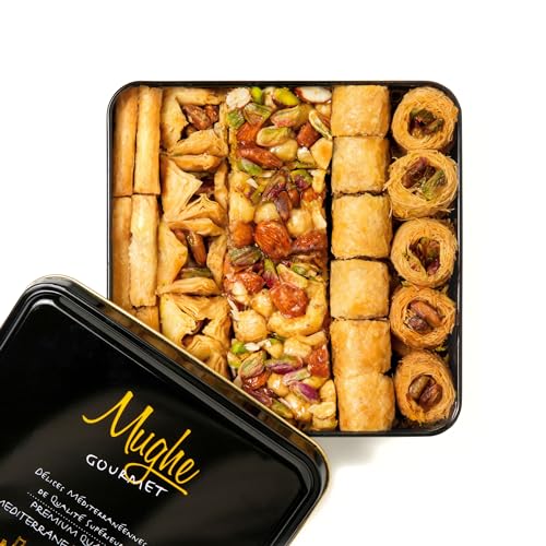 Mughe Gourmet Luxus Baklava Gebäck-Geschenkbox - Frische Türkische Pistazien Baklawa Süßigkeiten - 750g doppelt geschichtet- Perfekt für Weihnachten, Geburtstag, Vatertag - Dessertkorb Geschenke von MUGHE GOURMET