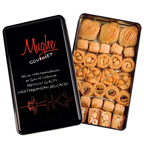 Mughe Gourmet verschiedene Baklava Gebäck Geschenke, elegante Blechdose – 500 g, 32 St – Türkische Pistazie, Walnuss, Haselnuss, mundgerechte, Baklawa Süßigkeiten – perfekt für Geburtstag, Vatertag von MUGHE GOURMET