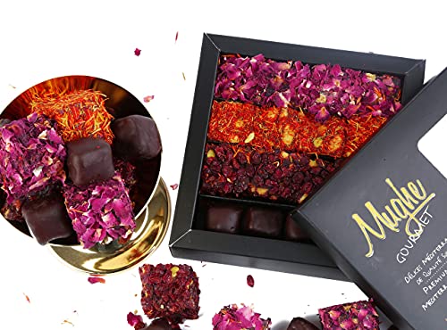 Luxus Turkish Delight Pistazie 370g - 4 Sorten: Dunkle Schokolade, Rose, Safran, Zereshk Barberries mit Granatapfel Flv. - Prestigious Turkish Delight Mix/Gourmet Lokum Box von MUGHE GOURMET