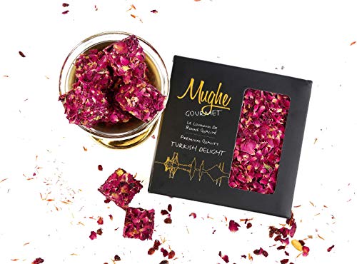 Mughe Gourmet Türkische Süssigkeiten Rosenblüten-Pistazien-Geschenkbox, 360g-25st, Granatapfelgeschmack, berühmte türkische essbare Rosenblüten-Lokum-Süßigkeitengeschenke, Ideal als Geschenk von MUGHE GOURMET