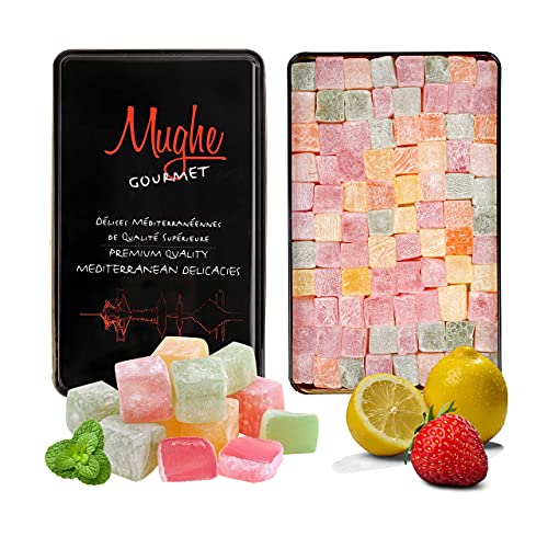 Mughe Gourmet Türkische Delight Süßigkeiten, elegante Zinnbox - 750g - 90st - Halal, vegan - Lokum Fruchtgeschmack: Rose, Erdbeere, Zitrone, Orange, Minze - Geschenk für besondere Anlässe, Geburtstage von MUGHE GOURMET