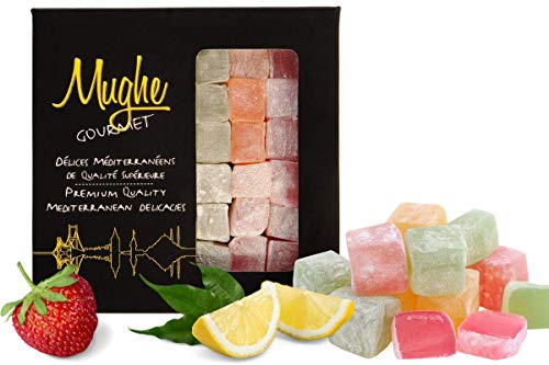 Mughe Gourmet Türkische Delight Süßigkeiten, Elegante Geschenkbox - 370g - Halal, Vegan - Lokum Fruchtgeschmack Rose, Erdbeere, Zitrone, Orange, Minze - Geschenk für Besondere Anlässe, Geburtstage von MUGHE GOURMET