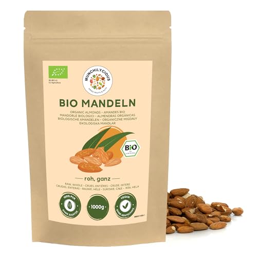 Mandeln BIO 1kg von Munchilycious, rohe Mandeln, ungeröstete und ungesalzene Mandeln, Nüsse Snacks, Keto, Perfekt für die Zubereitung von Mandelmilch und Mandelmehl von MUNCHILYCIOUS