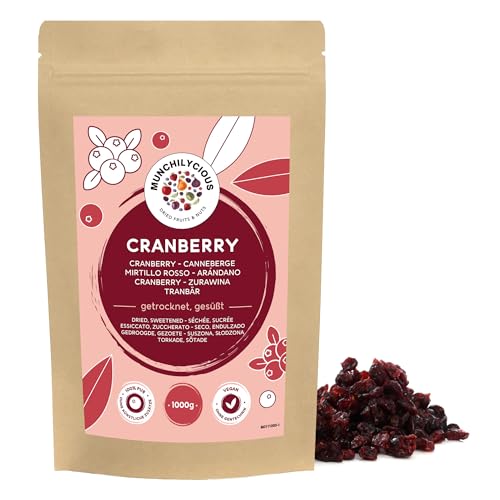 Cranberry getrocknet 1kg von Munchilycious, getrocknete Cranberries mit Apfelsaft gesüßt, Trockenfrüchte, getrocknete Früchte, Perfekt für Müslischalen, Smoothie Bowl oder Porridge von MUNCHILYCIOUS