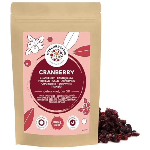 Cranberry getrocknet 1kg von Munchilycious, getrocknete Cranberries mit Apfelsaft gesüßt, Trockenfrüchte, getrocknete Früchte, Perfekt für Müslischalen, Smoothie Bowl oder Porridge von MUNCHILYCIOUS