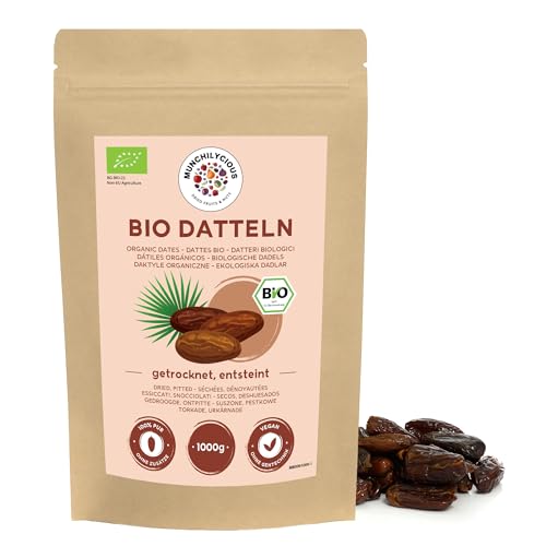 Datteln BIO entsteint 1kg von Munchilycious, entkernte Datteln, ganze und ungesüßte Datteln, getrocknete Früchte, Perfekt für Müslischalen, Smoothie Bowl oder Porridge von MUNCHILYCIOUS