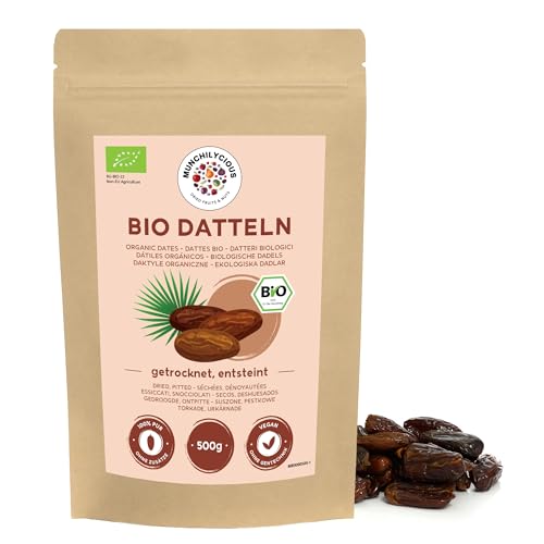 Datteln BIO entsteint 500g von Munchilycious, entkernte Datteln, ganze und ungesüßte Datteln, getrocknete Früchte, Perfekt für Müslischalen, Smoothie Bowl oder Porridge von MUNCHILYCIOUS