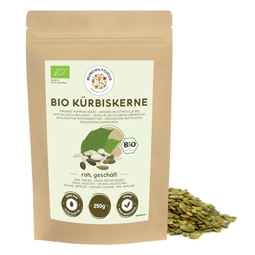 Kürbiskerne BIO 250g von Munchilycious, rohe und geschälte Kürbiskerne zum Essen, Nüsse Snacks, Keto, Perfekt für Müslischalen, Smoothie Bowl oder Porridge von MUNCHILYCIOUS