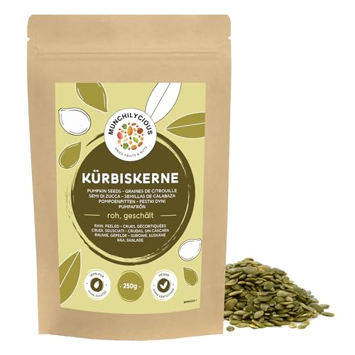 Kürbiskerne roh (250g), Kürbiskerne geschält, 100% naturrein aus kontrolliert Anbau, Kürbiskerne ungeröstet und ungesalzen, ohne Zusätze und vegan, glutenfrei und laktosefrei von MUNCHILYCIOUS