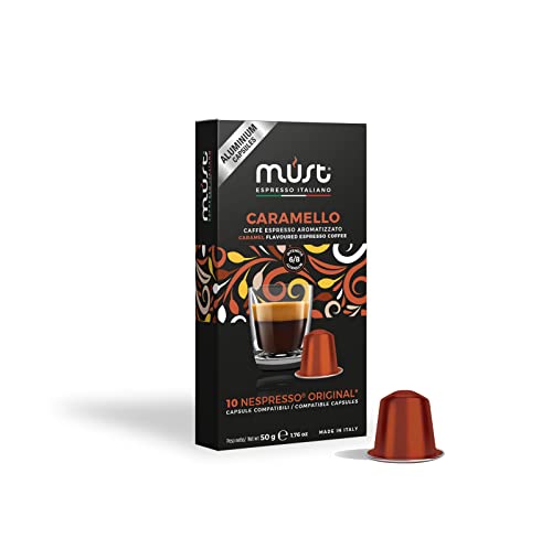 MUST, 100 Kapseln Alu-Kaffee, 100% Unendlich Rezyklierbar CARAMEL-Mischung, Aromatisierter Kaffee mit Caramel-Geschmack, Stärke 6/8 Pack à 10 Kapseln Kompatibel mit Maschine von MUST