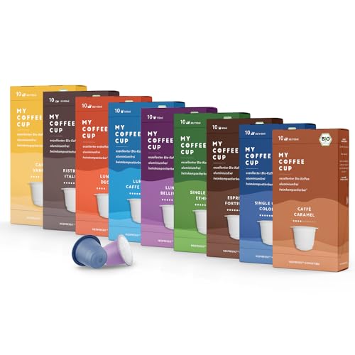 My Coffee Cup – KAFFEE-LIEBHABER-BOX: 90 KAPSELN BIO-KAFFEE für Nespresso®³-Kapselmaschinen I 100% industriell kompostierbar und nachhaltig – 0% Alu von MY-COFFEE CUP