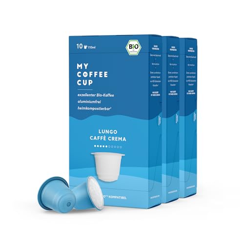 My Coffee Cup – LUNGO CAFFÈ CREMA– BIO-KAFFEE 3 PACKUNGEN I 30 Kaffeekapseln für Nespresso®³-Kapselmaschinen I 100% heim- und gartenkompostierbare Kaffeekapseln – 0% Alu und nachhaltig von MY-COFFEE CUP