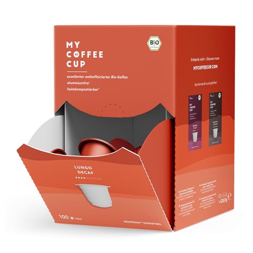 My Coffee Cup – MEGA BOX LUNGO DECAF – BIO-KAFFEE I 100 Kaffeekapseln für Nespresso®³-Kapselmaschinen I Industriell kompostierbare Kaffeekapseln – 0% Alu I Nachhaltige Kaffeekapseln von MY-COFFEE CUP