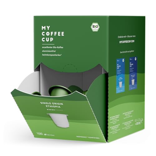 My Coffee Cup – MEGA BOX SINGLE ORIGIN ETHIOPIA – BIO-KAFFEE I 100 Kaffeekapseln für Nespresso®³-Kapselmaschinen I 100% industriell kompostierbar und nachhaltig – 0% Alu von MY-COFFEE CUP