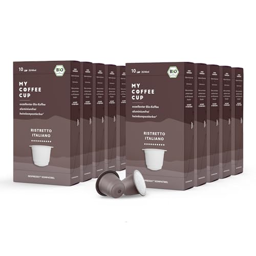 My Coffee Cup – RISTRETTO ITALIANO – BIO-KAFFEE 10 PACKUNGEN I 100 Kaffeekapseln für Nespresso®³-Kapselmaschinen I 100% industriell kompostierbar und nachhaltig – 0% Alu von MY-COFFEE CUP