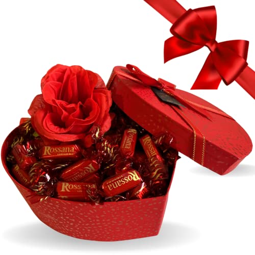 Geschenk zum Muttertag – elegante rote Herz-Box 18,5 cm + 350 g Rossana-Bonbons + rote künstliche Rose – Geschenkbox von MY