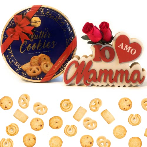 Muttertagsgeschenk 2024 – Dänische Butterkekse 454 g – Holzdekoration „I Love Mum“ + rote Rosen aus Holz (Mama) von MY