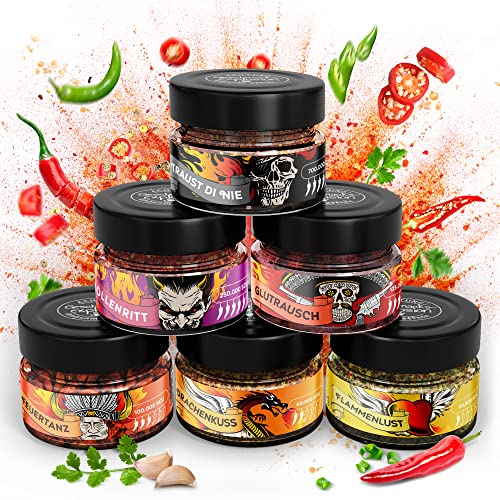 Chili Geschenkset - Chilli Gewürze Set bis 700.000 Scoville - Chilli Geschenkset für Scharfschmecker - 6 verschiedene Chili Gewürz - von Hand abgefüllt - die Alternative zu carolina reaper (Chili Box) von Mabura