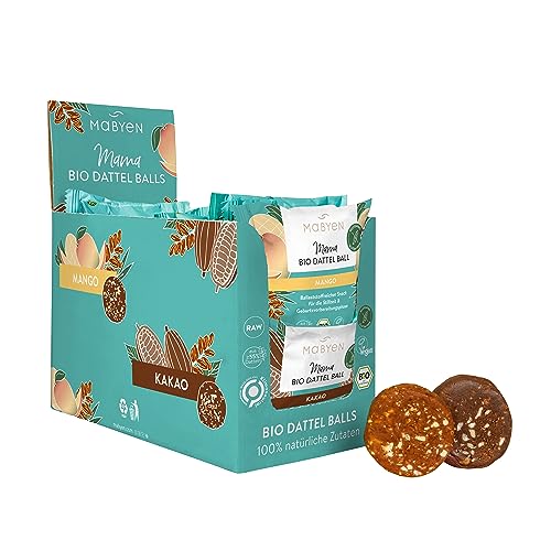 MABYEN Energy Balls Dattel Bio 20 Stk. | Dattel Balls - Gesunde Snacks ohne Zucker für Schwangerschaft und Stillzeit - Protein Riegel mit Trockenfrüchten - Geschmack 13 x Kakao und 7x Mango von Mabyen