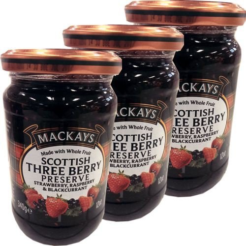 Mackays Scottish Three Berry Marmalade 3 Gläser á 340g (Marmelade mit Erdberre, Himbeere & schwarze Johannisbeere) von Mackays